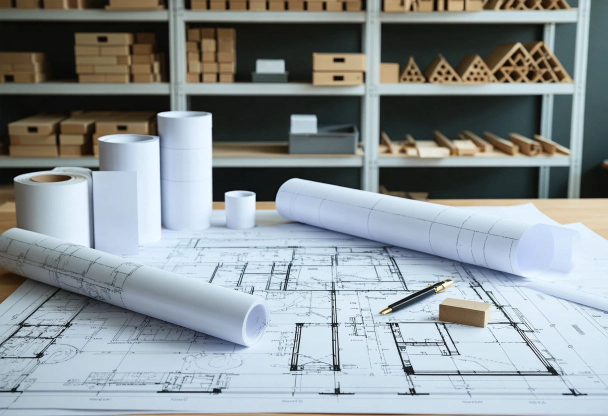 Workshop scene with blueprints, wind-load model, and architectural mockup.