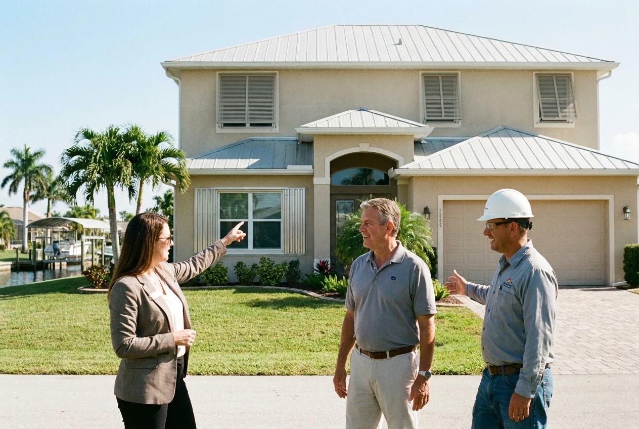 Professionals reviewing hurricane-upgraded home exterior in Punta Gorda Isles.