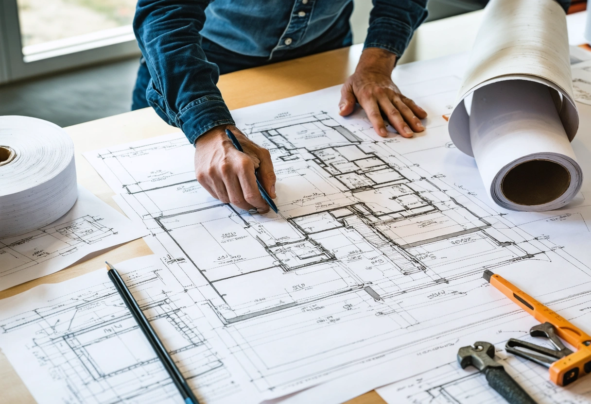 Contractor comparing roofing materials and diagrams in a construction planning space.