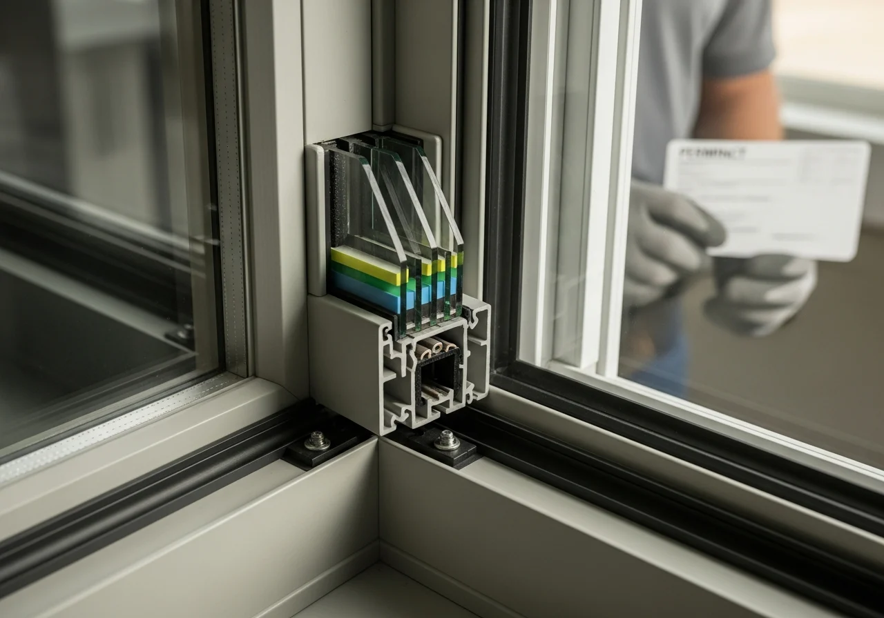Close-up of hurricane-resistant window corner with laminated glass and frame.