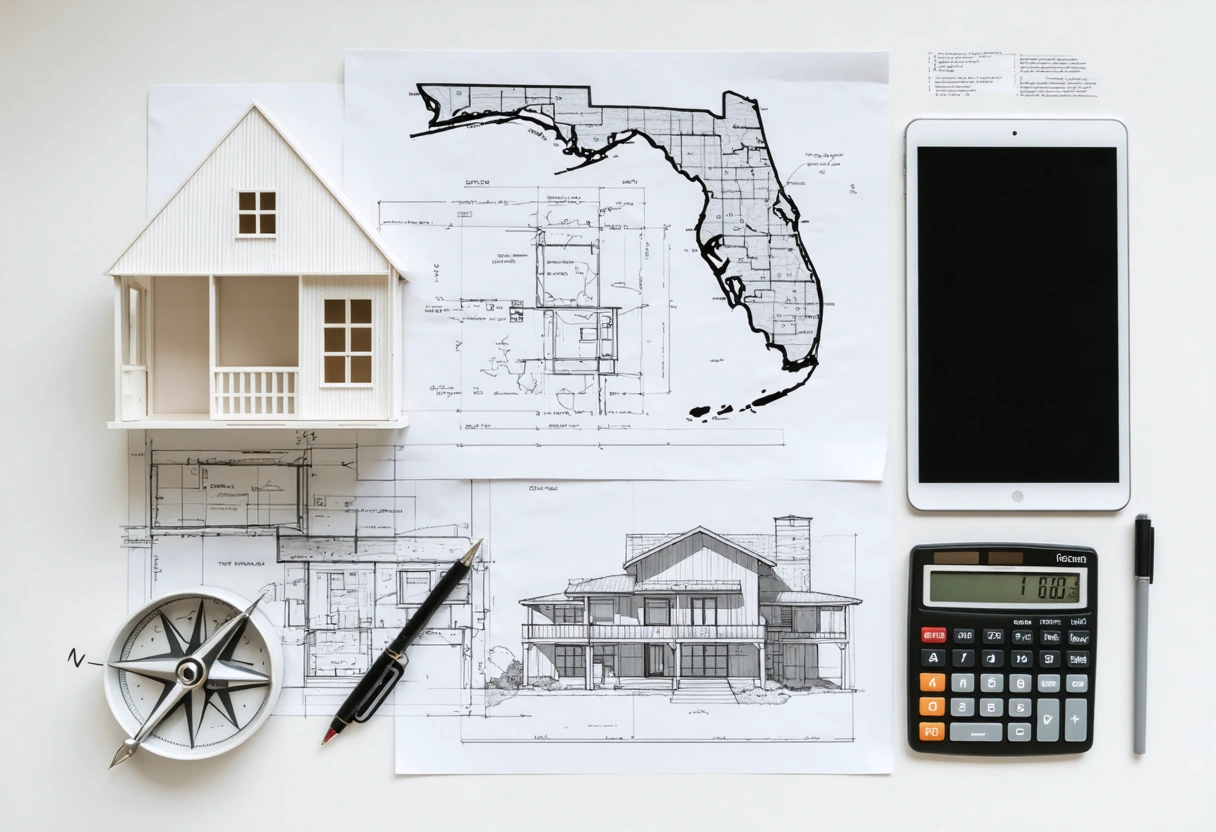 Flat-lay of architectural sketches, home model, and weather maps on desk.