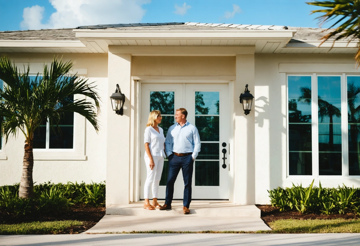 wide-cinematic-hero-shot-of-a-X8Ykfv Homeowner and contractor by hurricane-resistant doors and windows