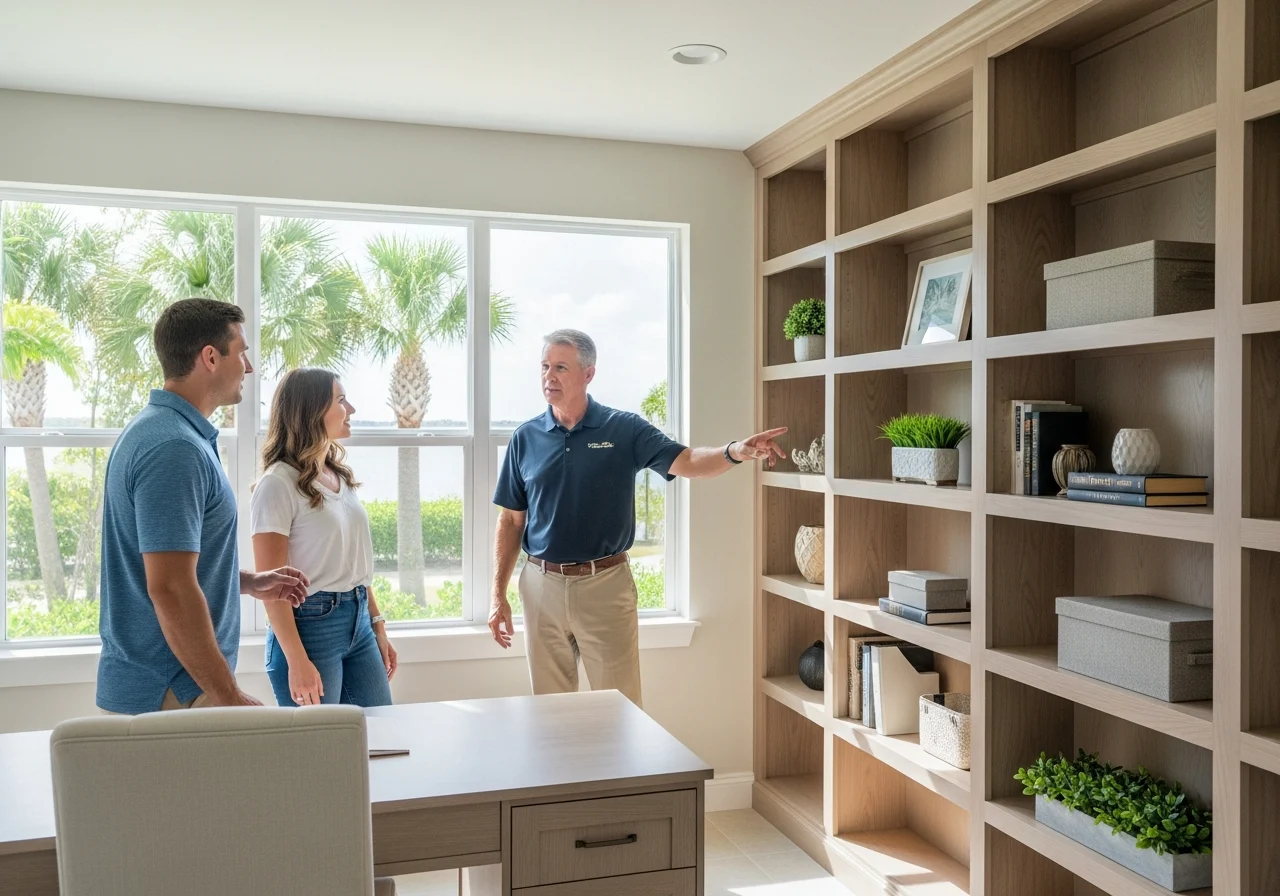 A people-forward home office addition scene in a bright Punta Gorda Isles residence: two adults