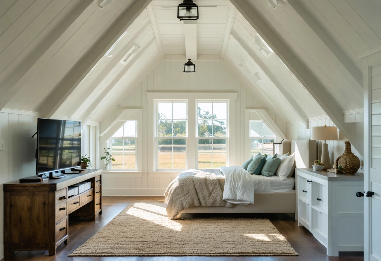 A trustworthy interior renovation scene inside a well-finished Florida home: a bright converted attic or