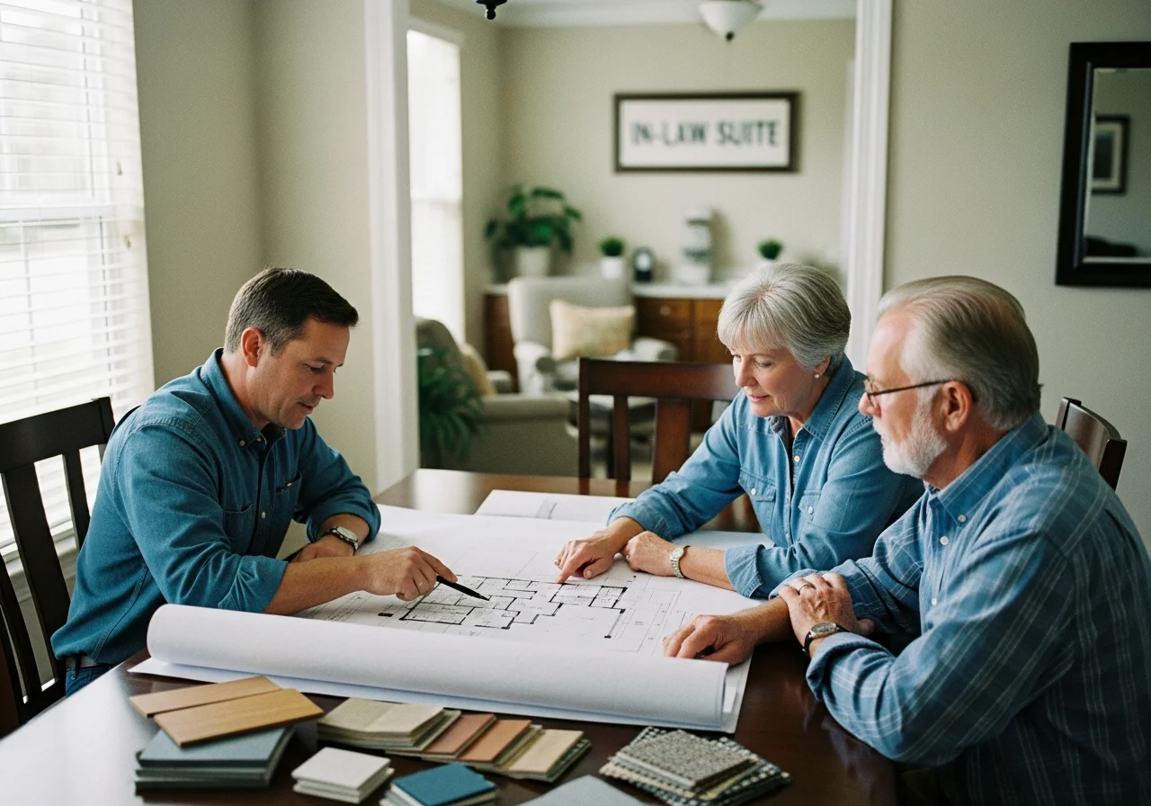 An analysis-focused home planning scene for multi-generational living: a contractor and homeowners reviewing a detailed