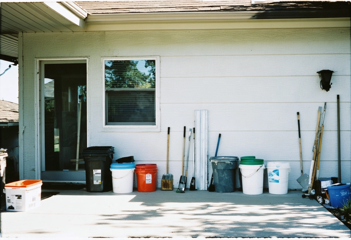 Exterior maintenance workspace with gutter sections, repair materials, and stucco cleaning