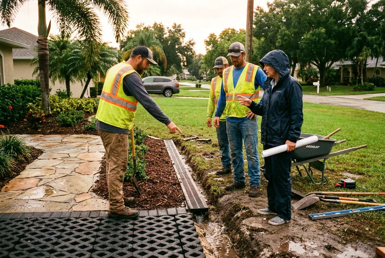Homeowner and contractors discussing drainage improvements beside a storm-damp front yard