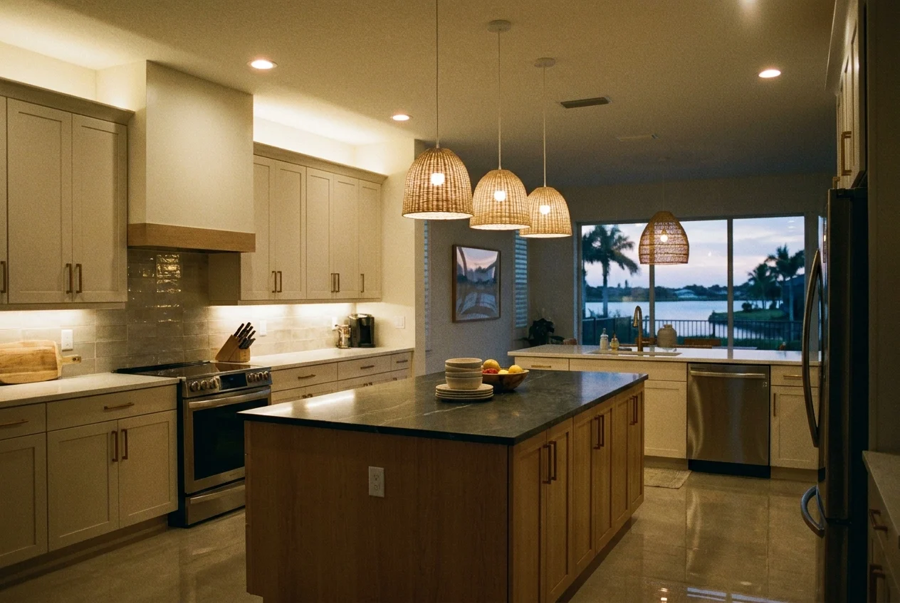 Stylish Port Charlotte kitchen at dusk with layered lighting and coastal warmth