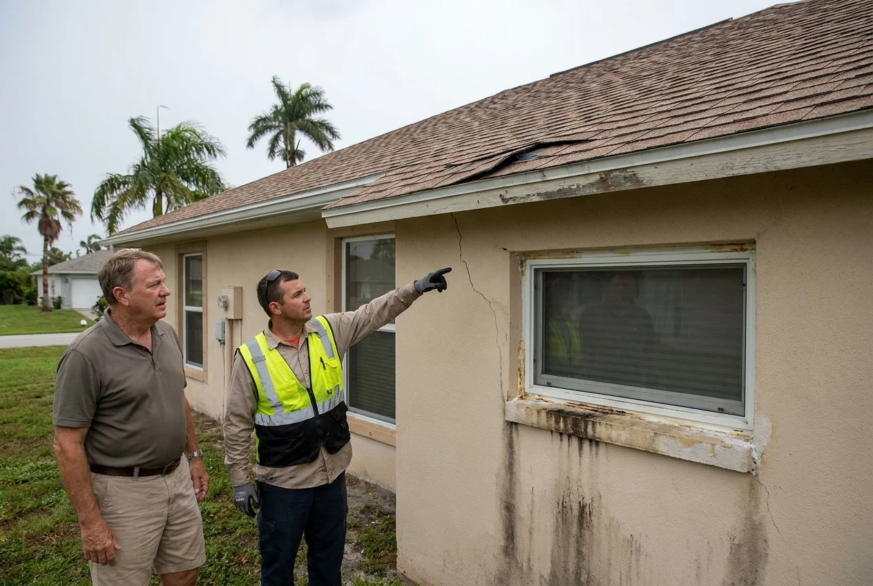 Contractor inspecting roof, stucco, caulking, and fascia on a Charlotte County home