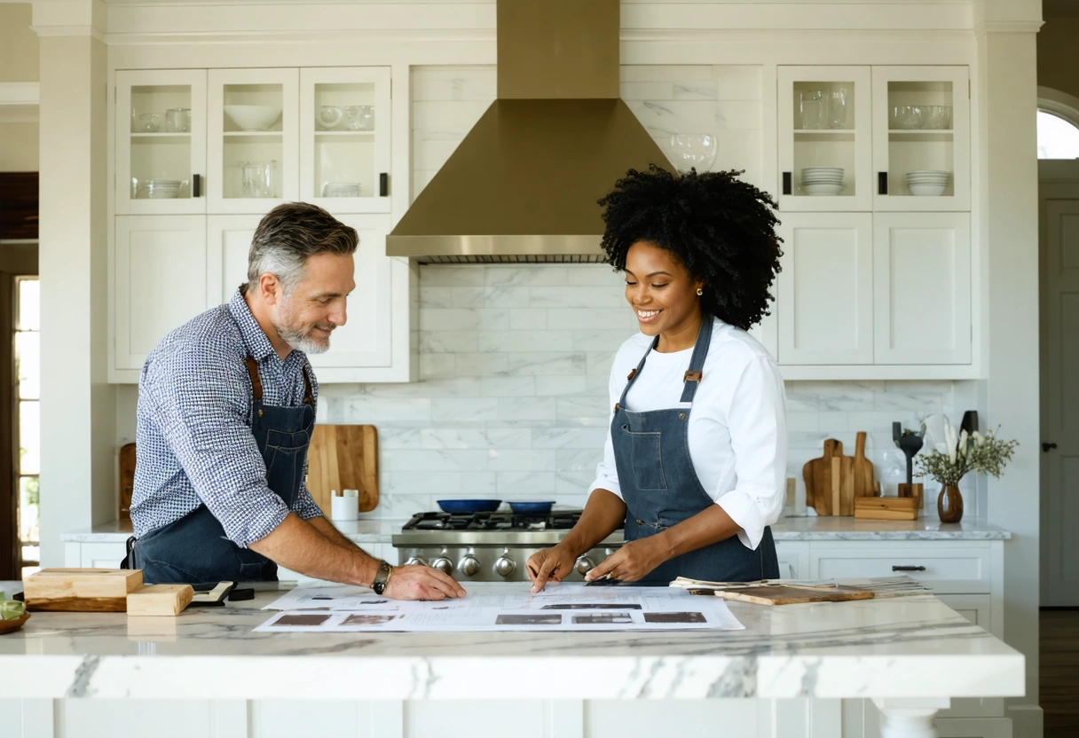 Two people discussing cabinet samples and finishes in a bright Charlotte County kitchen
