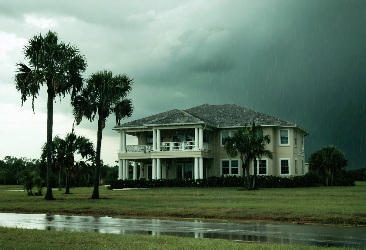 Coastal home standing secure against approaching hurricane winds