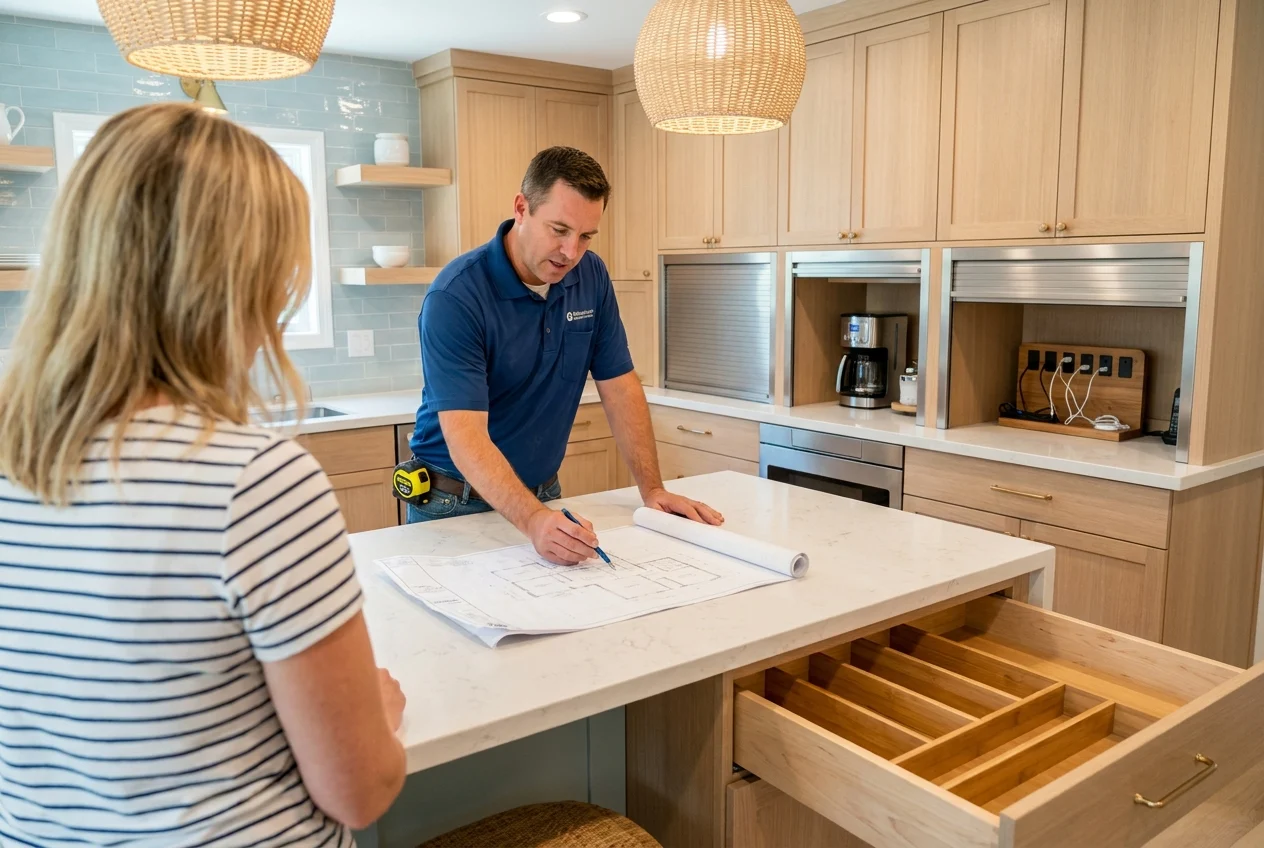 Homeowner and contractor reviewing storage layout in a remodeled Port Charlotte kitchen