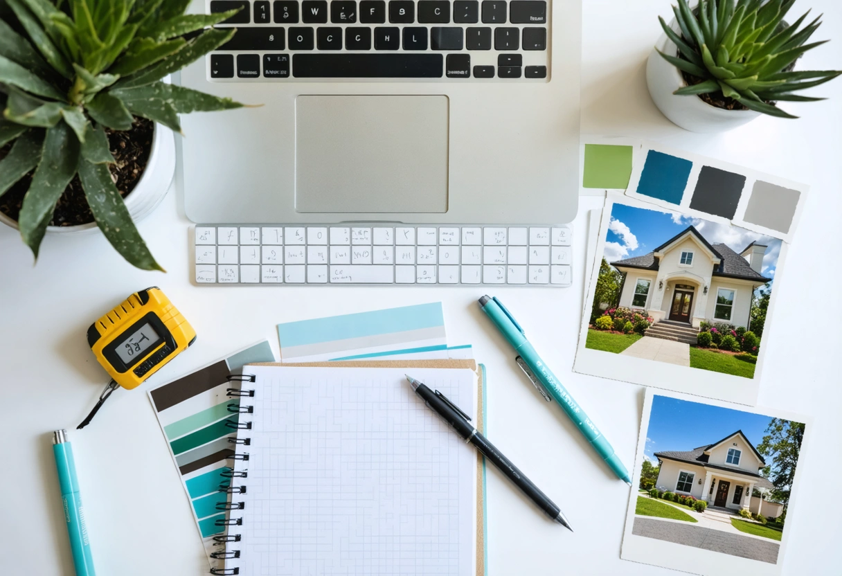 Top-down curb appeal planning workspace with notes, samples, and facade photos
