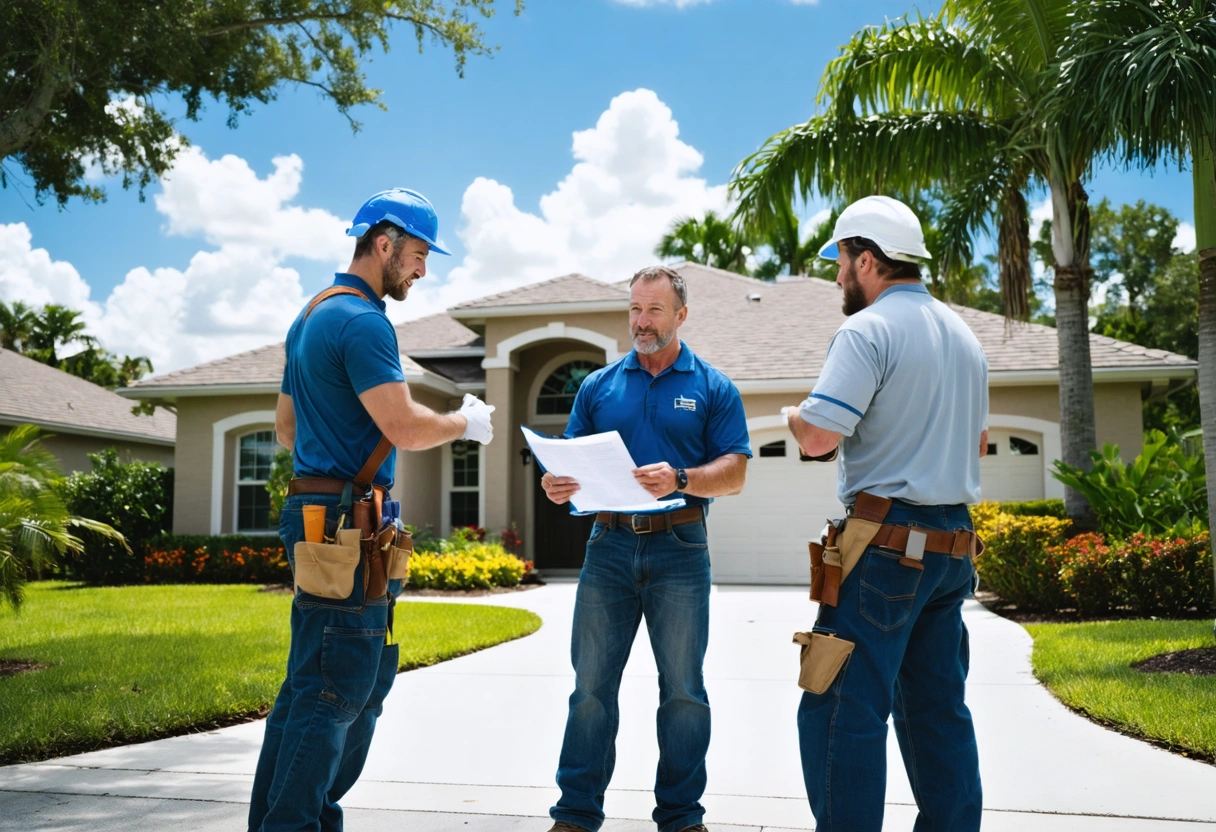 Home repair crew discussing a storm readiness plan outside a house