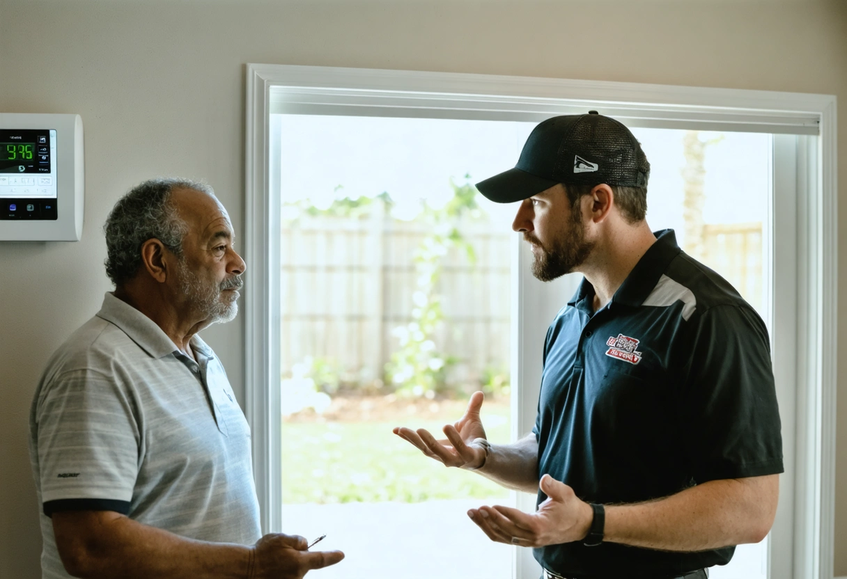 Homeowner and HVAC technician discussing humidity control near indoor monitor