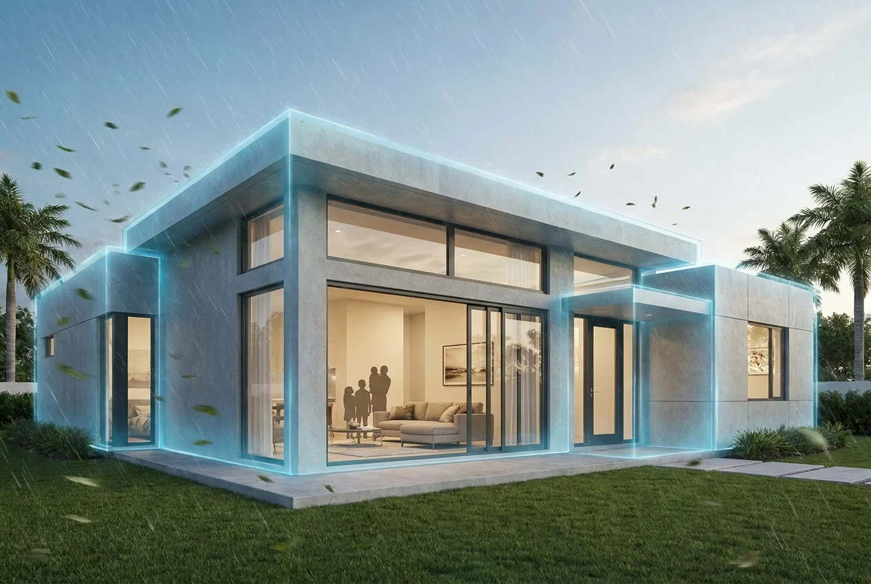 Sealed modern Florida home emphasizing windows, doors, and storm protection