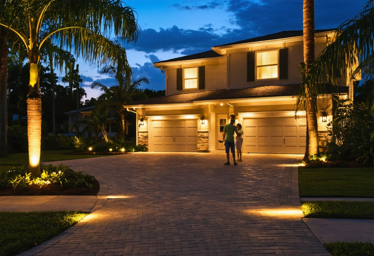 Dusk walkway lighting with palm uplighting, columns, and homeowner discussion
