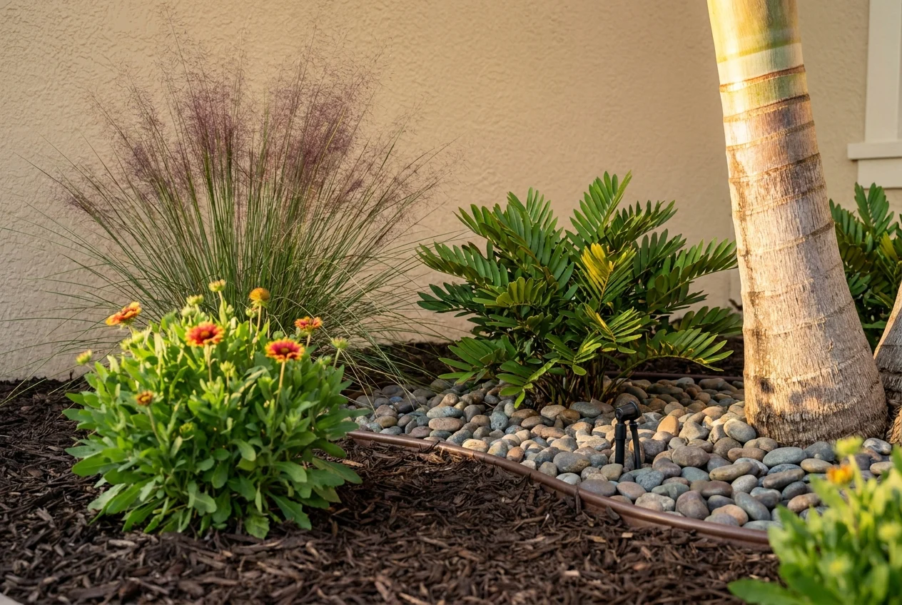 Drought-aware Southwest Florida planting bed with palms, shrubs, mulch, and stone