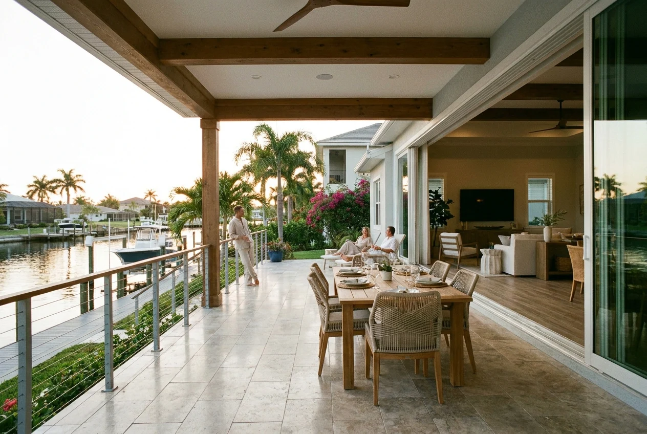 Waterfront home with modern patio and tropical landscaping
