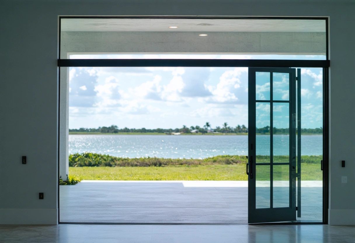Modern hurricane-resistant window and door frame technology in coastal home