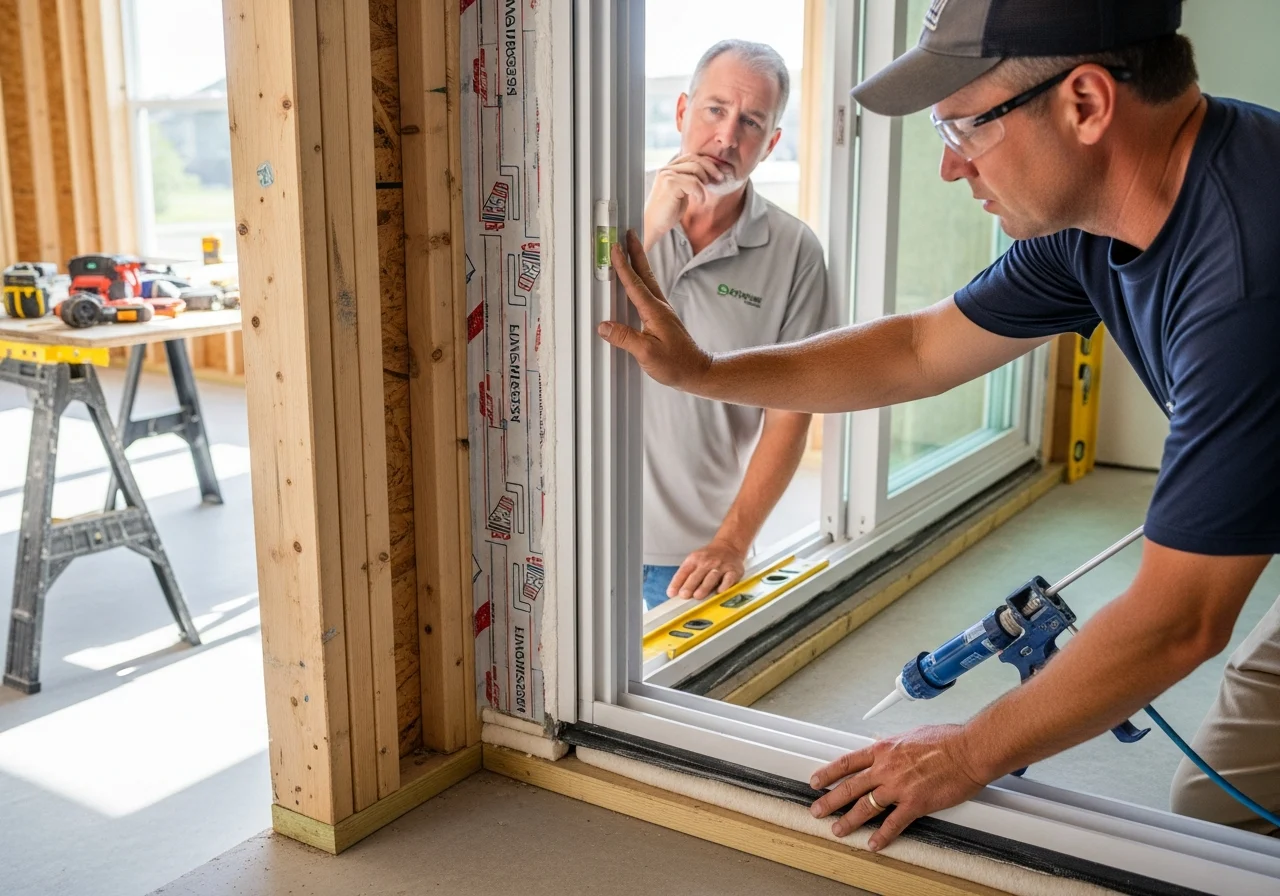 Installer fitting hurricane-rated window with flashing layers at Southwest Florida home