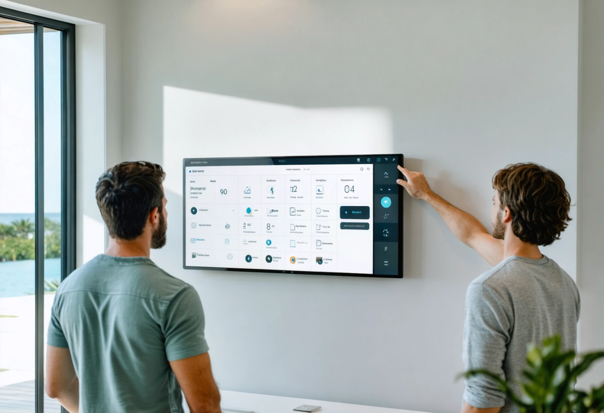 Over-the-shoulder workflow scene in a modern Florida home showing a homeowner using a wall-mounted smart