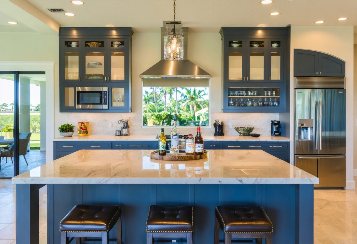 Contractor and homeowner reviewing appliance placement in a high-end Southwest Florida kitchen