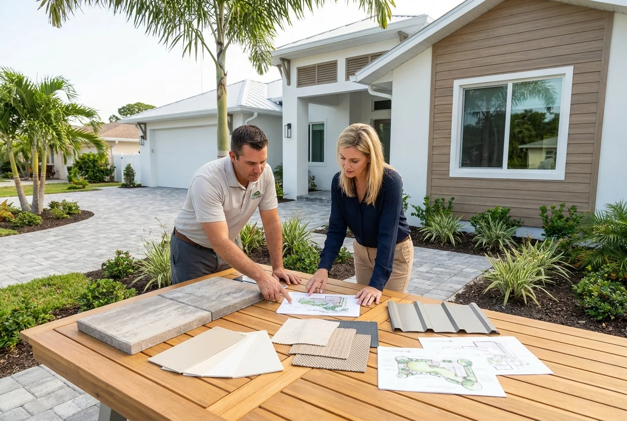 Photographic, premium residential exterior planning scene in Southwest Florida, slightly elevated wide shot of a modern
