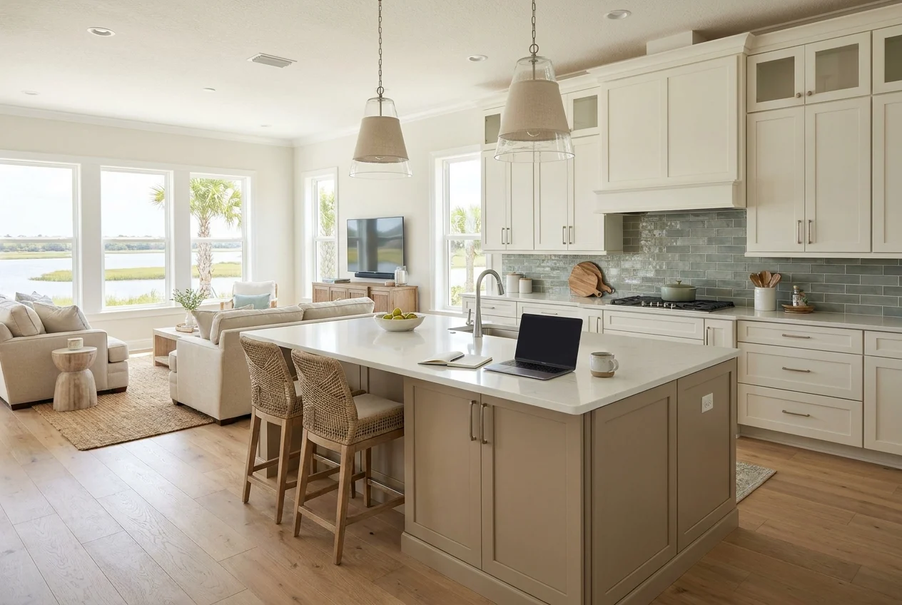 photographic-slightly-elevated-wide-shot-of-cFjz4z Bright coastal kitchen with warm cabinetry and