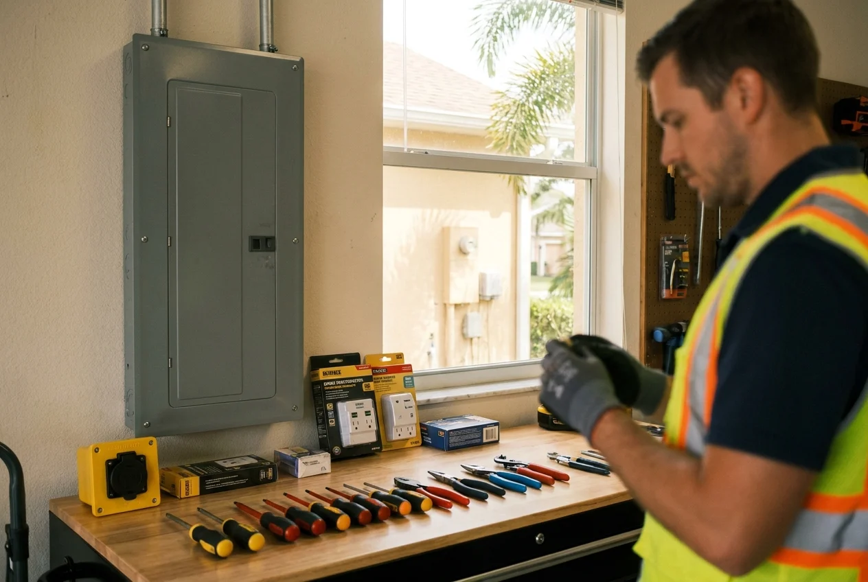 Electrical safety gear, surge protection, and generator inlet near home panel