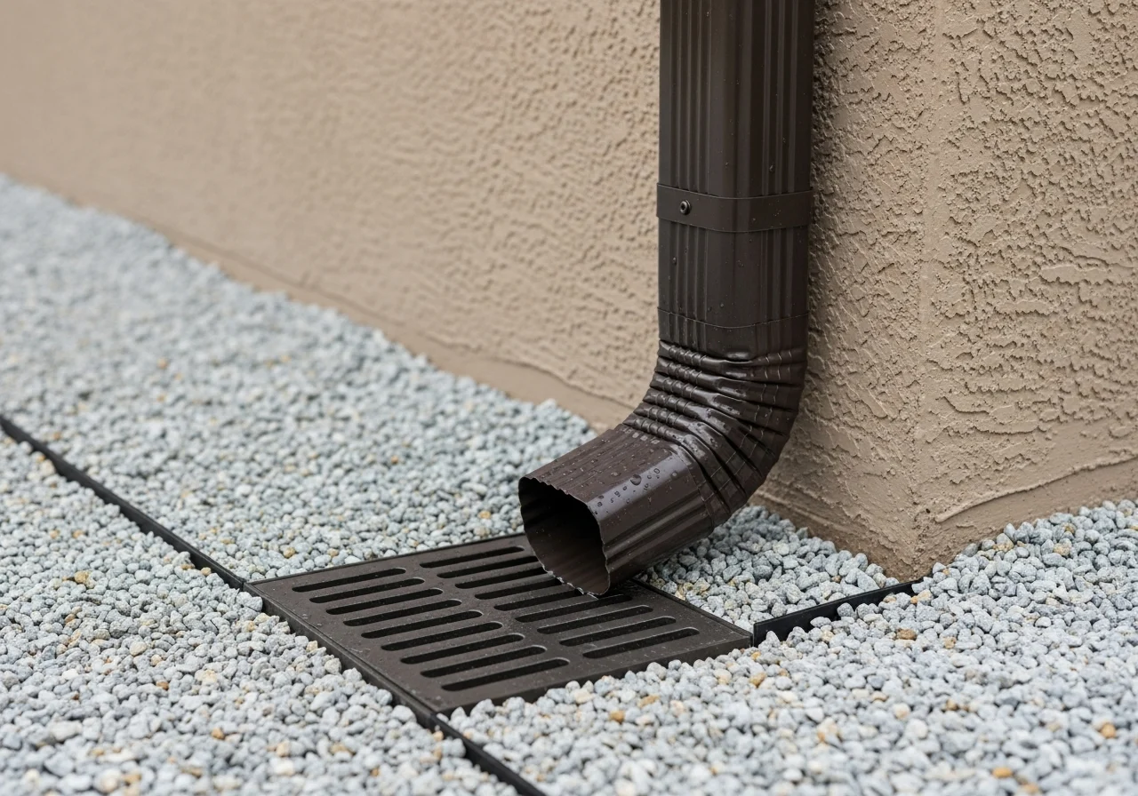 Exterior drain and downspout extension beside stucco wall and gravel edge
