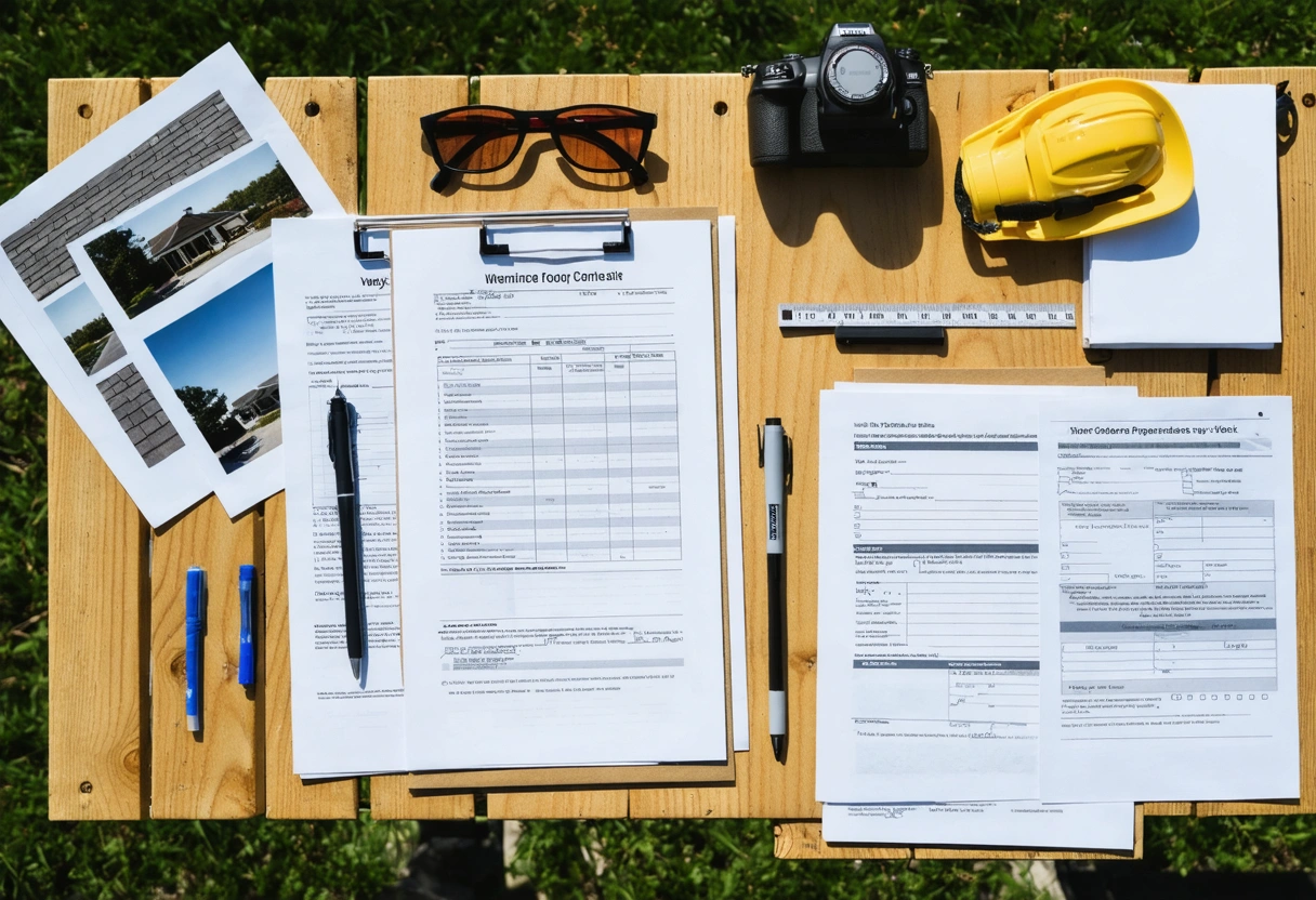 Flat-lay of inspection photos, paperwork, shingle sample, and hurricane checklist