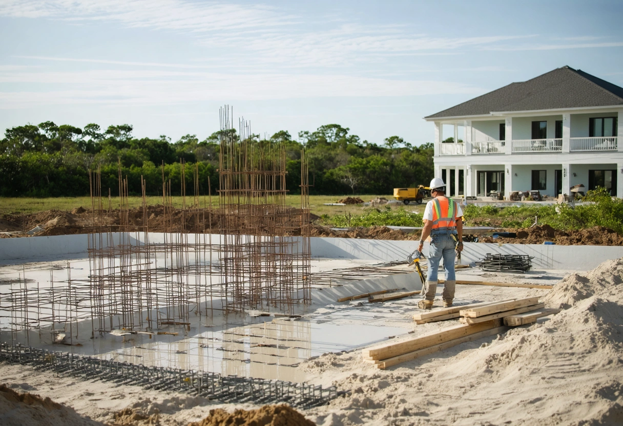 Southwest Florida addition site with compacted soil, rebar, forms, and contractor inspection