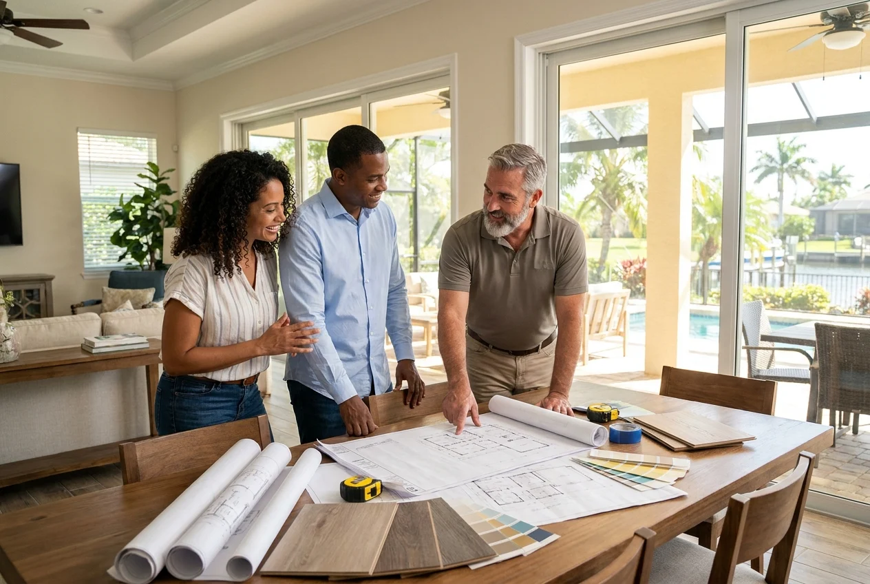 a-polished-hero-scene-of-a-zZ9Kt8 A polished hero scene of a Florida home addition planning meeting at a bright coastal house in Southwest Florida