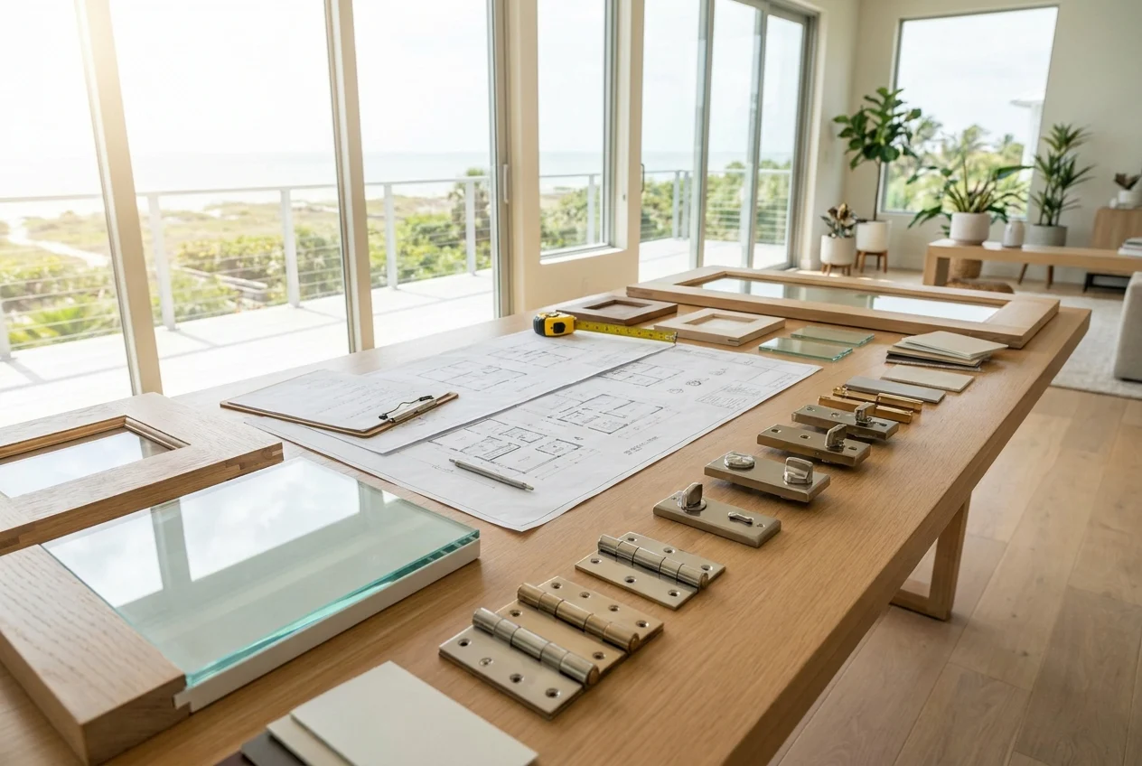 a-polished-modern-florida-home-renovation-JIRhJt Modern home renovation planning workspace with door samples and hardware