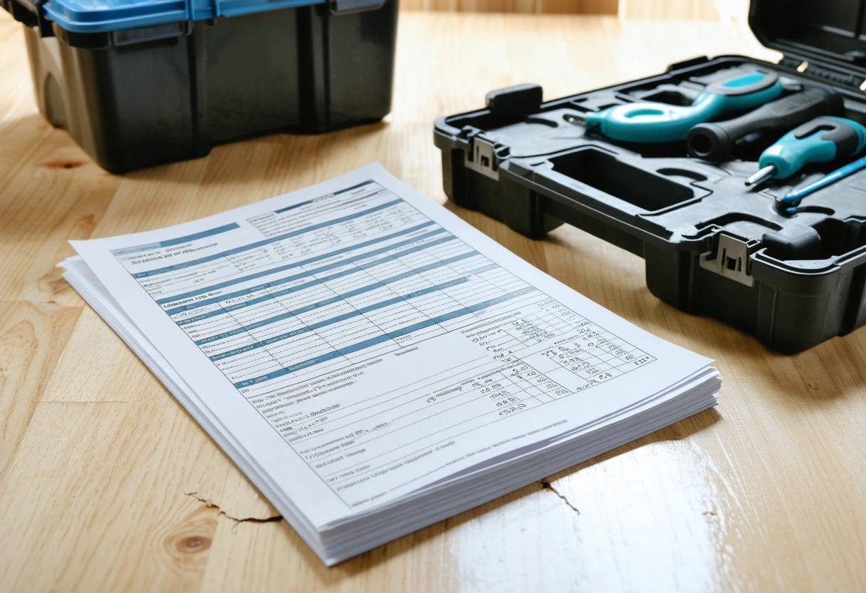 Close-up of estimate pages, toolbox, and repair clues suggesting contingency budgeting