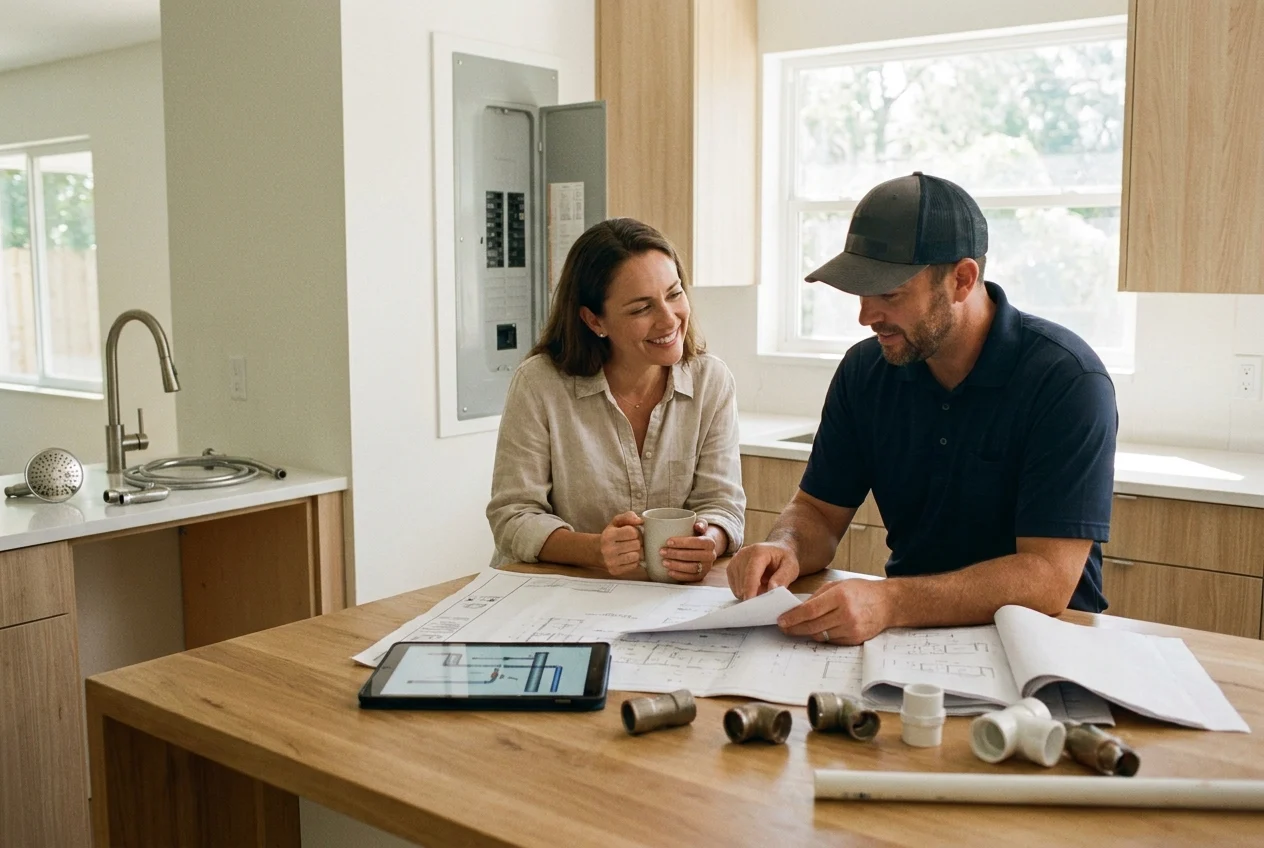 Homeowner and contractor discussing plumbing and septic planning in a bright renovated kitchen