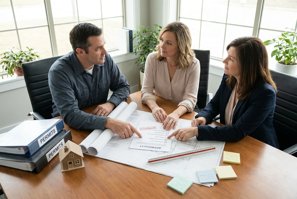 Contractor, homeowner, and designer reviewing permits, plans, and fees at a table