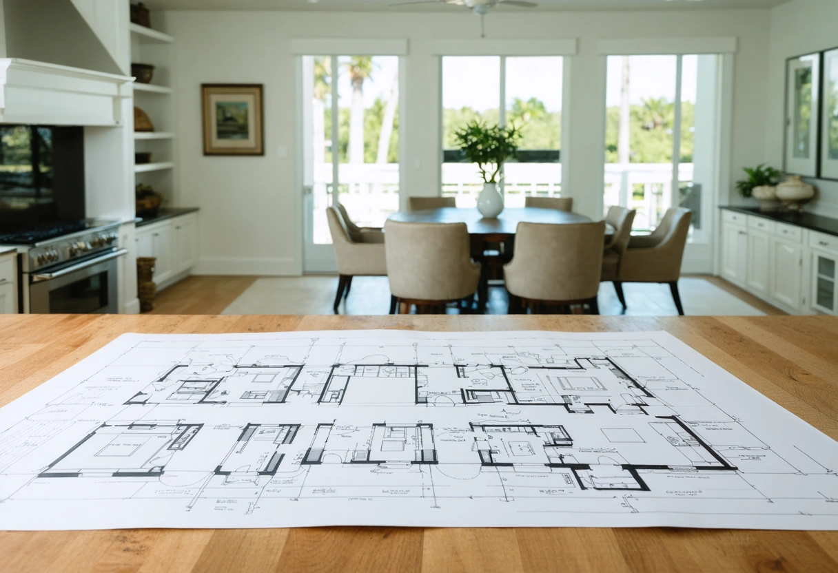 Contractor reviews floor plans and samples in an open Florida living space