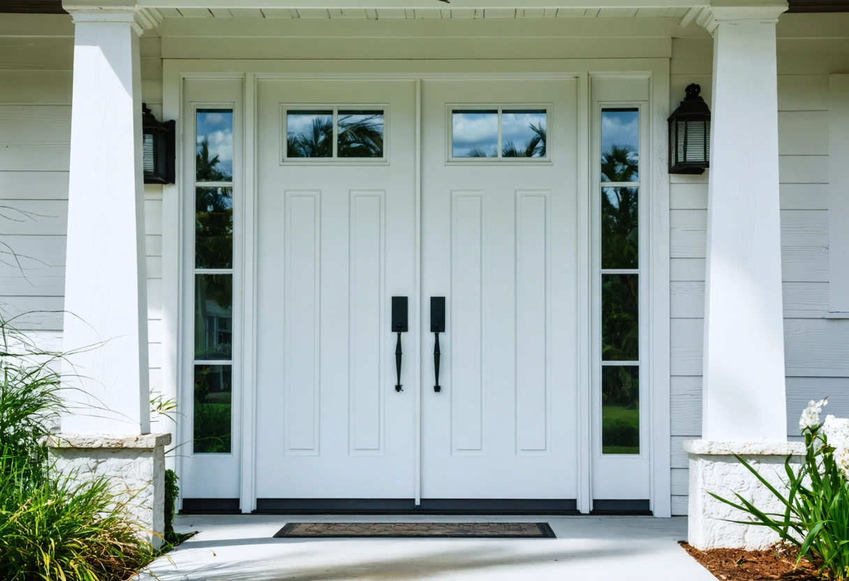 Weathered Florida entry door with storm wear, salt corrosion, and moisture streaks