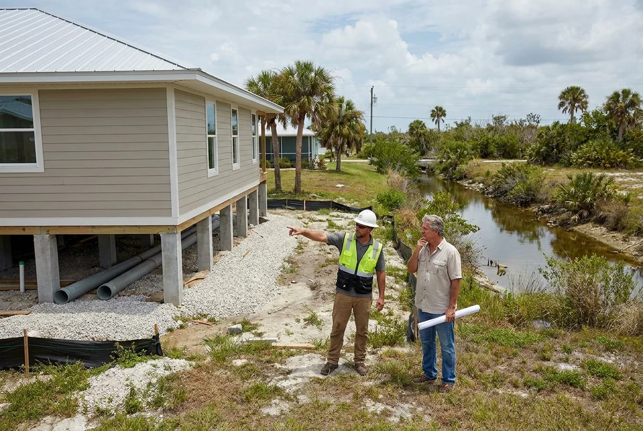 Coastal home renovation site with flood-aware features and property inspection