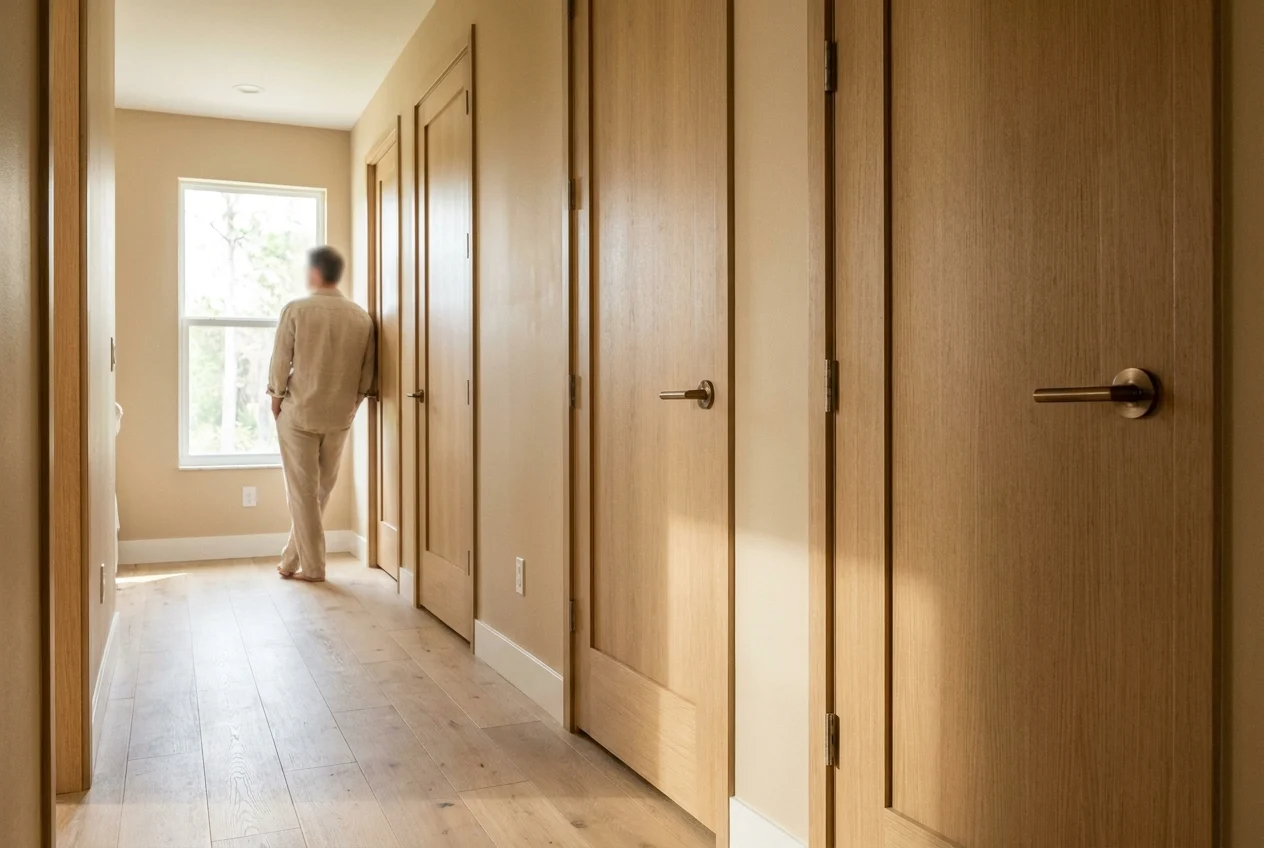 Modern hallway with new doors, updated hardware, fresh paint, and flooring