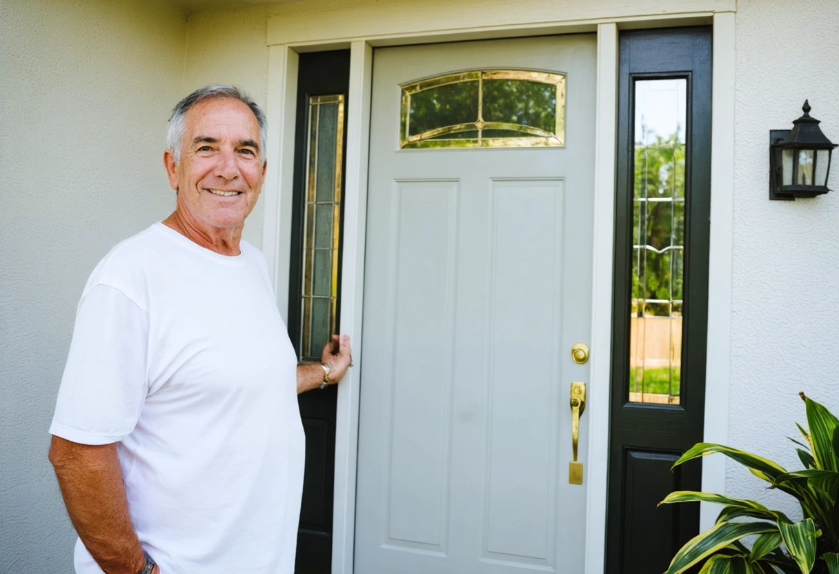 Florida homeowner beside refinished exterior door, with nearby signs of aging