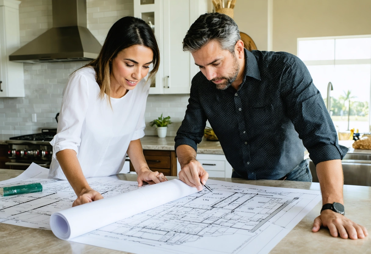 Homeowner and contractor discussing renovation plans and permit documents at kitchen table