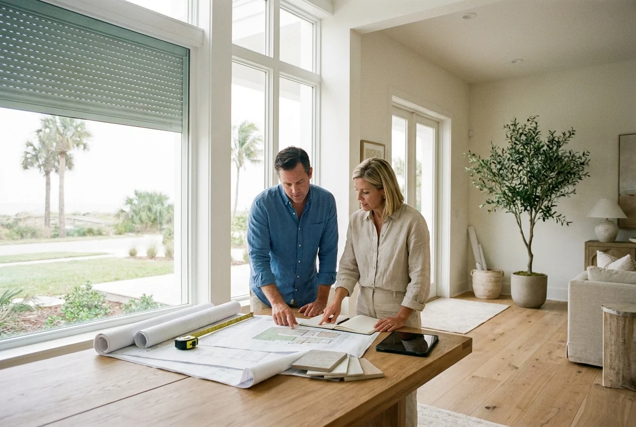 Homeowner and contractor reviewing site plans near hurricane shutters