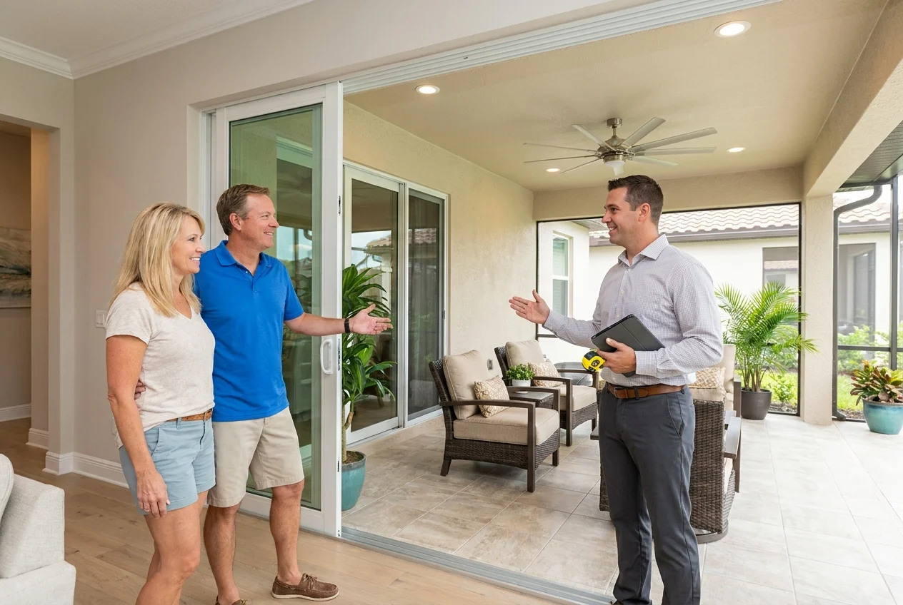 Homeowner couple and remodeler discuss indoor-outdoor living beside a lanai