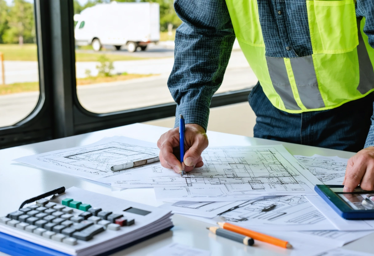 Contractor reviewing permit documents and building codes at a worktable