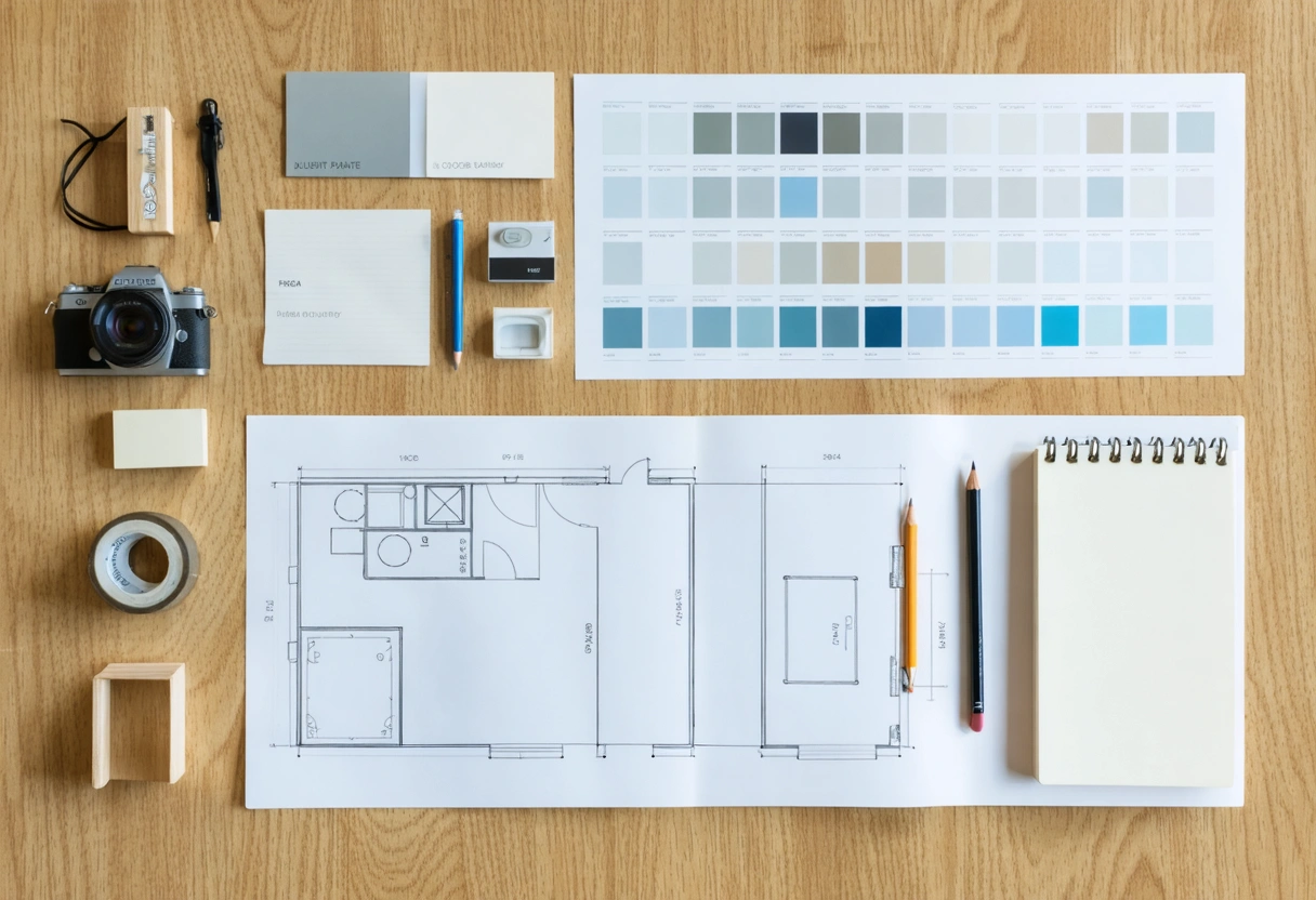 Overhead planning workspace with door swatches, hardware samples, and floor plan