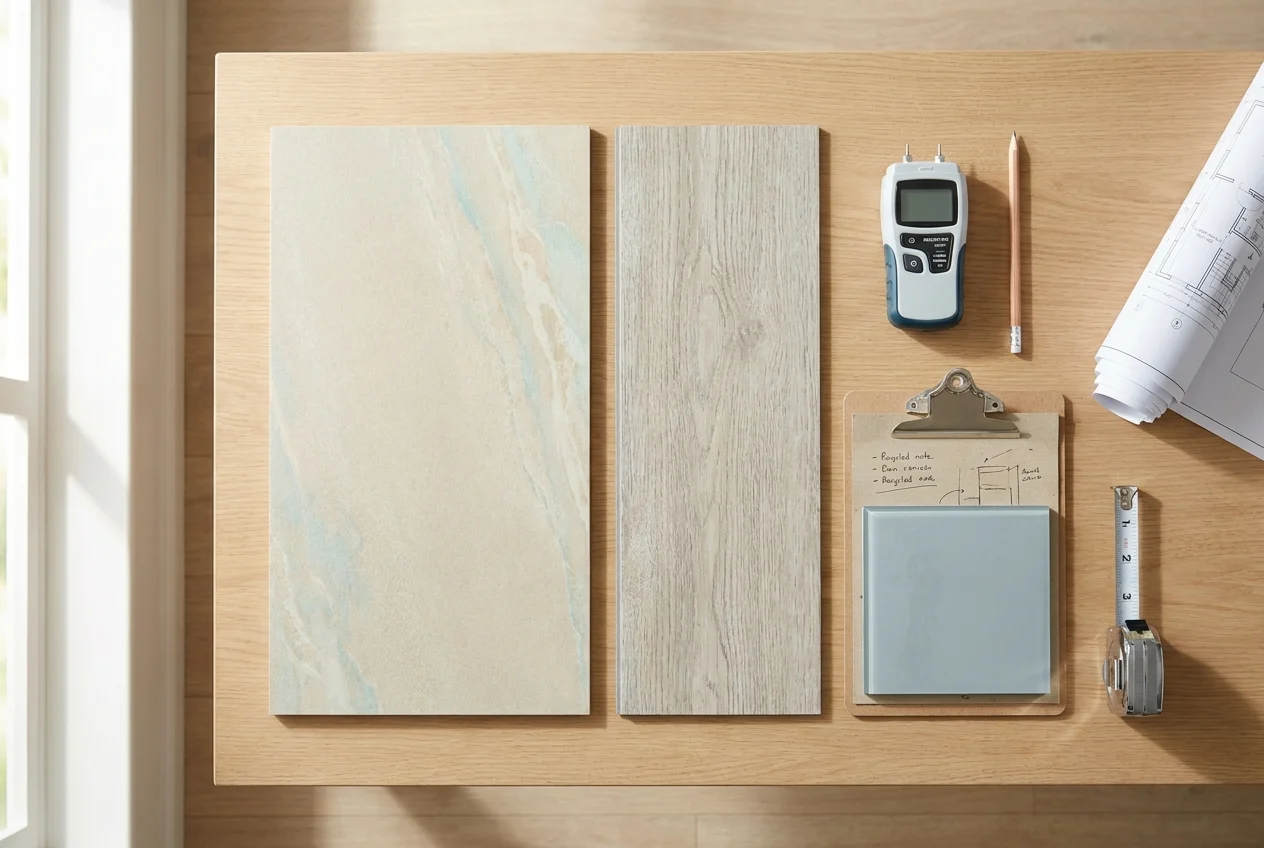 Top-down layout of moisture-resistant flooring samples and planning tools