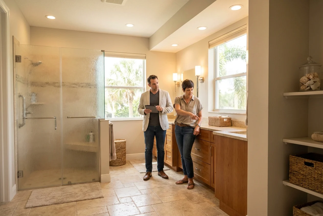 Florida bathroom with slip-resistant shower, grab bars, and accessible layout